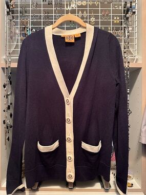 Tory Burch Navy Cardigan with Cream Trim